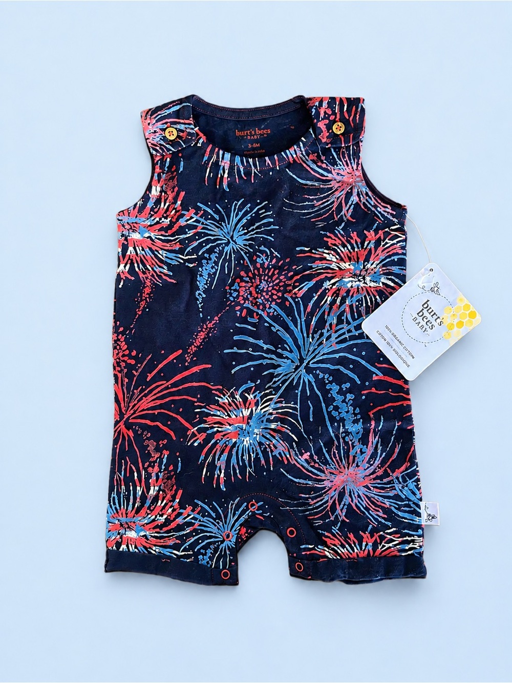 Burt's Bees Navy Romper with Red & Light Blue Fireworks